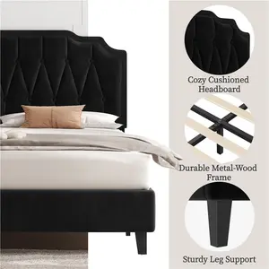 Upholstered Bed Frame with with Button-Tufted Headboard Black / Double