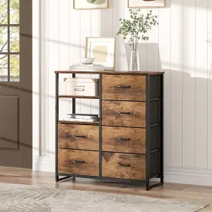 Wooden Storage Cabinet with 6 Drawers and Open Shelves