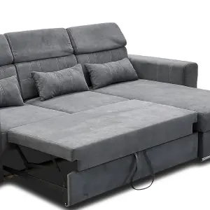 Miami Grey Fabric Reversible L Shaped Corner Sofa Bed with Storage and Headrests 3-4 Seater