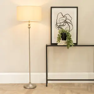 ValueLights Maggie Brushed Chrome Candlestick Floor Lamp with Natural Shade with LED Bulb