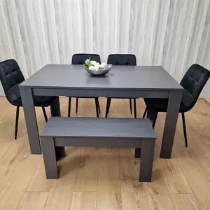 Dining Table and 4 Chairs With Bench Black Dark Grey 4 Velvet Chairs Wooden Bench Wood Dining Set Furniture