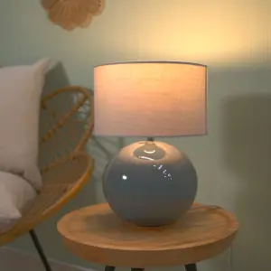 ValueLights Bosco Eucalyptus Ceramic Table Lamp with Grey Drum Shade - LED Bulb Included