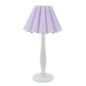 ValueLights Victoria White Wood Candlestick Stem Table Lamp with Lilac Scallop Tapered Lamp Shade and LED Bulb