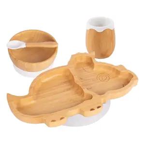 Tiny Dining - Dinosaur Bamboo Suction Baby Feeding Set - White - 4pc