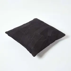 Homescapes Black Real Leather Suede Cushion with Feather Filling