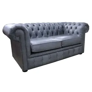 Chesterfield Original 2 Seater Settee Sofa Cracked Wax Ash Grey Real Leather