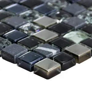 Luxury Black, Grey & Diamond Glass, Stone & Steel Mosaic Wall Tiles Sheet 8mm