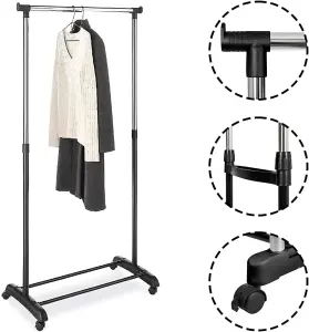 Heavy Duty Clothes Rail on Wheels, Portable & Adjustable Garment Rack for Hanging Clothes