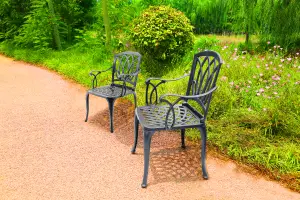 Homeology Positano 2-Large Garden and Patio Bistro Chairs with Armrests in Cast Aluminium Grey