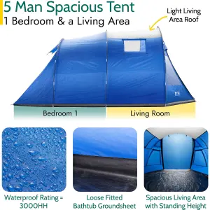 Trail 5 Man Tent Festival Family Camping Waterproof 3000mm Dark Bedroom Living Area