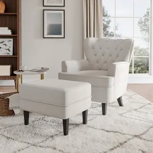 Off White Velvet Upholstered Occasional Armchair Studded Design Accent Chair with Ottoman Footstool