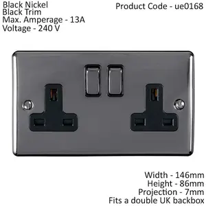 2 Gang Double UK Plug Socket BLACK NICKEL 13A Switched Mains Wall Power Outlet