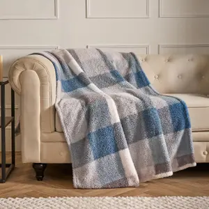 Gingham Teddy Fleece Throw Over Bed Blanket Check Warm, Navy - 150 x 200cm