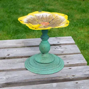 Flower Design Mini Bird Bath or Seed Feeder - Weather Resistant Metal Outdoor Garden Pedestal Water Bowl - H26.5 x 24.5cm Dia