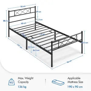 Yaheetech Black 3ft Single Simple Metal Bed Frame with Cross-design Headboard & Footboard