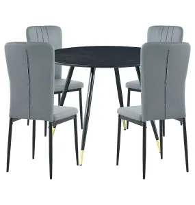 Hallowood Furniture Finley Small Round Dining Table in Black Finish with 4 Light Grey Faux Leather Chairs