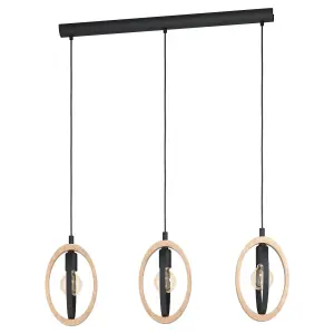 Hanging Ceiling Pendant Light Black & Wood Hoop Shade 3 x 40W E27 Bulb