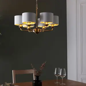 Haywood Antique Brass with Vintage White Faux Silk Shades Classic Modern 6 Light Ceiling Pendant