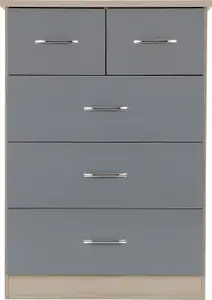 Nevada 3+2 Drawer Chest in Grey Gloss Light Oak Effect Veneer