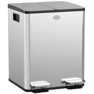 HOMCOM 2 x 20L Dual Kitchen Bin Pedal Bin for Recycling and Waste, Silver