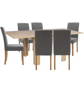 Hallowood Furniture Newquay Oak Flip Top Extending Table with 6 Upholstered Chairs in Grey Fabric