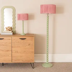 ValueLights Bobbins Sage Green Floor Lamp with Ruched Pleated Blush Pink Drum Shade and LED Bulb