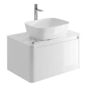 Mayfair Gloss White Wall Hung Bathroom Vanity Unit with White Marble Countertop (W)750mm (H)406mm