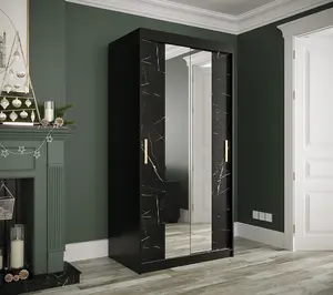 Compact Black Geneva T1 Mirrored Sliding Door Wardrobe W1000mm H2000mm D620mm - Sleek Design, Efficient Storage with Gold Handles