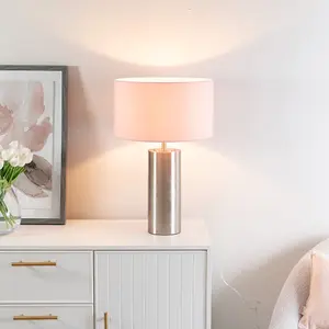 ValueLights Lexy Brushed Chrome Touch Table Lamp with Blush Pink Drum Shade