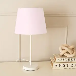 ValueLights Charles White Single Stem Table Lamp with Pink Tapered Lamp Shade and LED Bulb