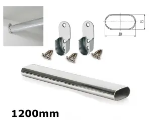 Wardrobe Rail Oval Chrome Hanging Rail Free End Supports & Screws - Length 1200mm