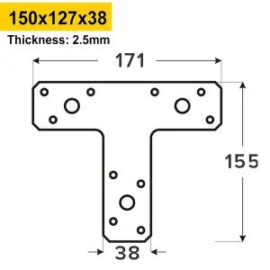 Single Black Heavy Duty 2.5mm Thick Tee Plate Brace Flat T Shape Repair Bracket Tee Corner Brace