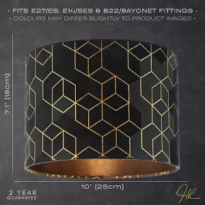 Black Soft Velvet Lamp Shade with Metallic Gold Foil Lines in Geometric Design