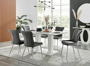 Imperia White High Gloss 6 Seater Dining Table with Structural 2 Plinth Column Legs 6 Dark Grey Velvet Silver Leg Nora Chairs