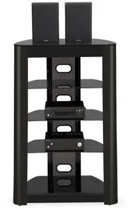 Centurion Supports Zinnia 5-Shelf Black Glass with Gloss Black Fascia Flat Screen TV/Hi-Fi/AV Rack Glass Stand