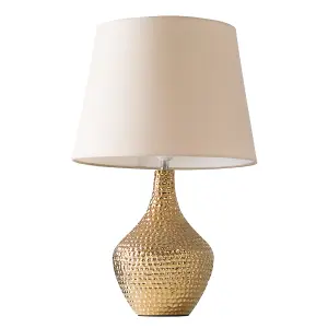 ValueLights Bailey Metallic Gold Indent Textured Ceramic Table Lamp with Beige Shade