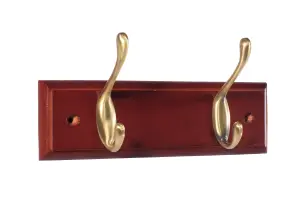 Antique brass effect Mahogany 2 Hook rail, (L)228mm (H)15mm