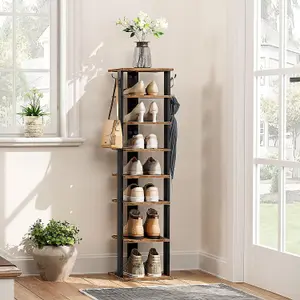 Shoe Rack Wooden, Tall Shoe Rack, Narrow Shoe Storage Organizer with 2 Hooks, Slim Shoe Shelf, Vertical Shoe Tower for Entrance,