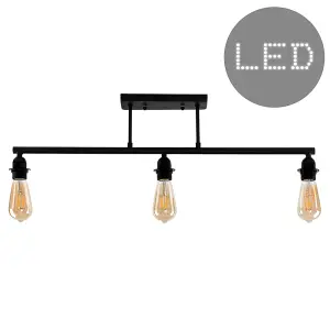 ValueLights Fillatt 3 Way Satin Black Pipework Bar Ceiling Light - Complete with 4w LED Filament Bulbs 2700K Warm White