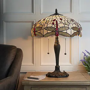 Luminosa Dragonfly 2 Light Medium Table Lamp Dark Bronze, Beige, Tiffany Style Glass, E27