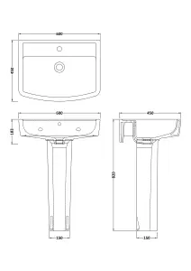 Square 1 Tap Hole Bathroom Basin Sink & Full Pedestal - 600mm