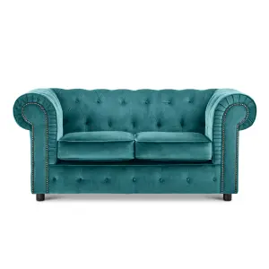 Ashbourne Chesterfield Large Teal Velvet Fabric 2 Seater Sofa Studded Design