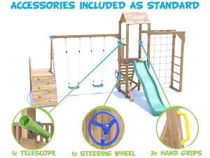 Dunster House Wooden Climbing Frame with Two Swings, Climbing Wall, Monkey Bars, Cargo Net & Slide BalconyFort Low Platform