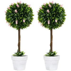 HOMCOM Set of 2 Potted Artificial Plants Ball Tree with Flowers, Pink