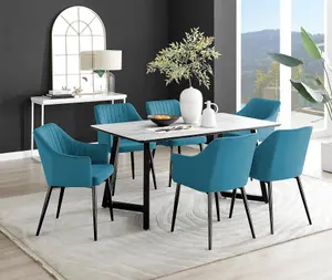 Furniturebox UK Carson White Marble Effect Dining Table & 6 Blue Calla Black Leg Chairs