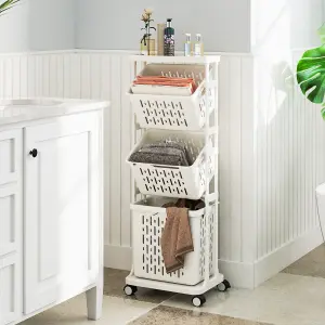 COSTWAY 3-Tier Plastic Laundry Hamper Cart 112 cm Slim Laundry Basket Trolley