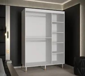 Bergen Contemporary 2 Sliding Door Wardrobe Gold Handles Marble Effect 5 Shelves 2 Rails White (H)2080mm (W)1500mm (D)620mm