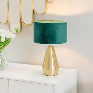 ValueLights Jax Gold Metal Touch Dimmer Table Lamp with Forest Green Velvet Shade