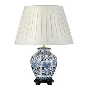 Table Lamp Oriental Wooden Base Ivory Box Pleat Shade Blue/White LED E27 60w