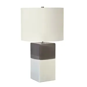 Table Lamp Ceramic Light Grey Faux Silk Shade Cream & Grey Base LED E27 60W